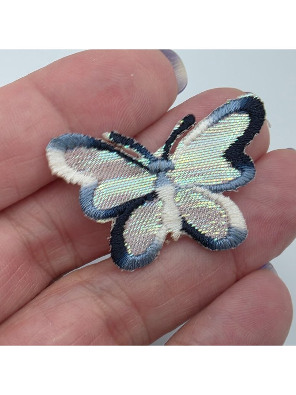 Embroidered Butterfly Patch Iridescent Blue & White Sew-On or Iron-On 1.5-Inches